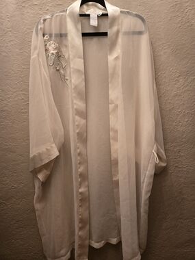 Sheer Chiffon Kimono Robe Ivory Floral Embroidered Boudoir Cover Up